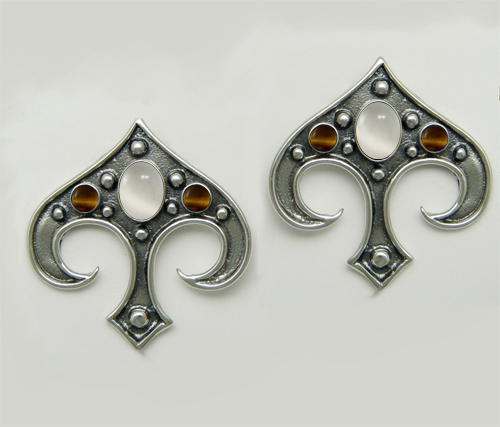 Sterling Silver Gothic Inspired Drop Dangle Earrings With White Moonstone And Tiger Eye